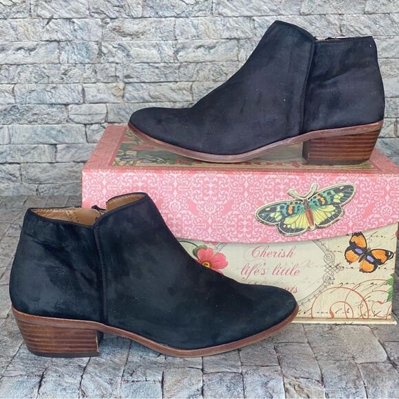 Sam Edelman Black Leather Suede Booties Womens Size 7.5 Side Zip Pointed Toe - Picture 4 of 8